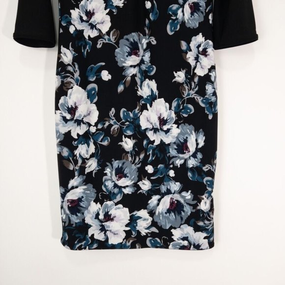 White House Black Market XS Black Floral Bodycon Dress 3/4 Sleeves - Picture 3 of 5